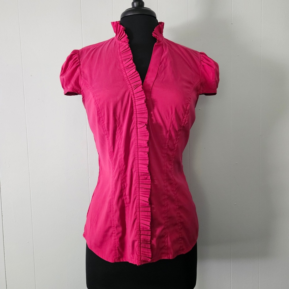 Express Blouse Ruffle Neck Puff Sleeve Stretch Womens S Y2k Career‎ Feminine